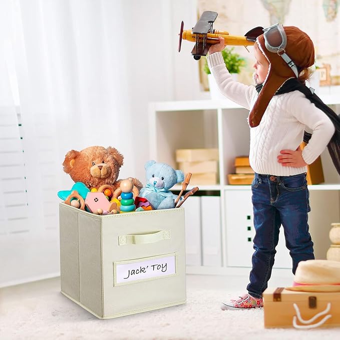 Fabric storage cubes (Set of 8) 11 Inch Cube Storage Bin, Cube storage with 8 Labels Window Cards & a Pen, Foldable cube organizer bins,11x11 Storage bin, Cubby Organizer Boxes, Beige
