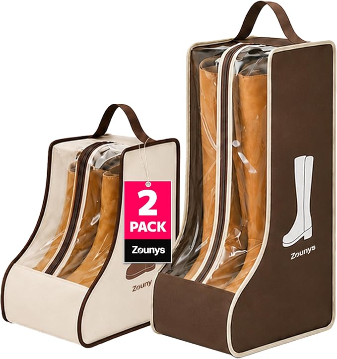 Boot Bags for Cowboy Boots, Boot Storage Organizer for Tall Boots, Cowboy Boot Storage with Clear Bag (2, Beige and Brown 1)