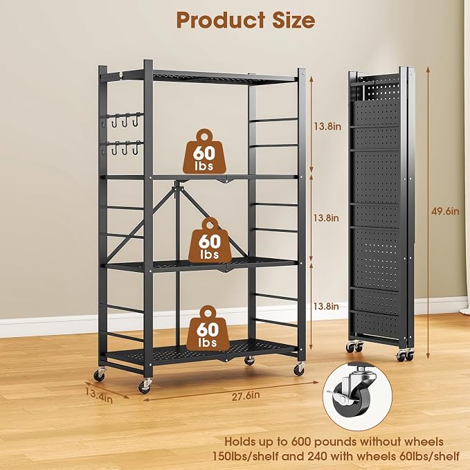 4 Tier Folding Storage Shelf with Wheels – Heavy Duty Metal Organizer Rack, No Assembly Utility Shelving Unit with Locking Casters for Garage, Kitchen, Pantry, Basement, Office (Black-A, 4 Tier)