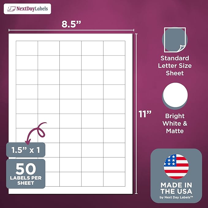 NextDayLabels 1.5x1 Inch Rectangle Stickers White Blank Labels for Laser Inkjet Printer - 50 Per Sheet Self-Adhesive Name Tags Address Barcode, Made in USA - 5000 Labels