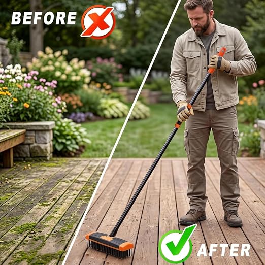 2026 Deck Brushs 3 in 1 Floor Scrub Brush with Long Handle, 3-in-1 Weed Brush Combo Set with Detachable Handle, Deck Scrub Brushs for Patio, Pavers, Driveway, Walkway, Stone Joints (Green)