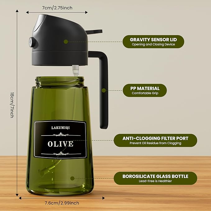 Oliver Oil Sprayer Dispenser for Cooking Bottle 16oz Green Glass 2pcs Black | 2-in-1 Lightproof Borosilicate Glass Oil Bottle, Wide Mouth for Easy Refill Clean