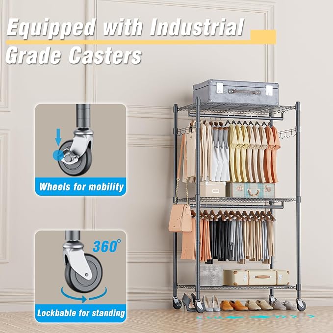 Homdox Narrow Rolling Garment Rack with Double Rods and 3 Adjustable Shelves, Compact Portable Closet Organizer for Bedroom, Dorm, Laundry Room, 23.62" W x 16.54" D x 80.71" H, Gray