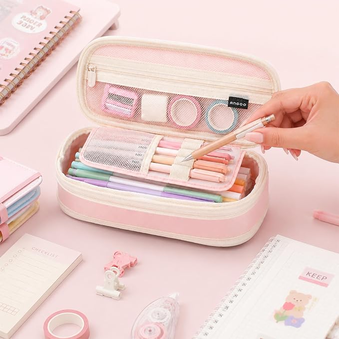 Large Capacity Pencil Case Pencil Bag with Zipper Pencils Pouch Organizer | Pink, Portable, Sturdy Zipper, Office College Stationery, Aesthetic Pen Bag, Multiple Pockets, Storage Travel Holder Box