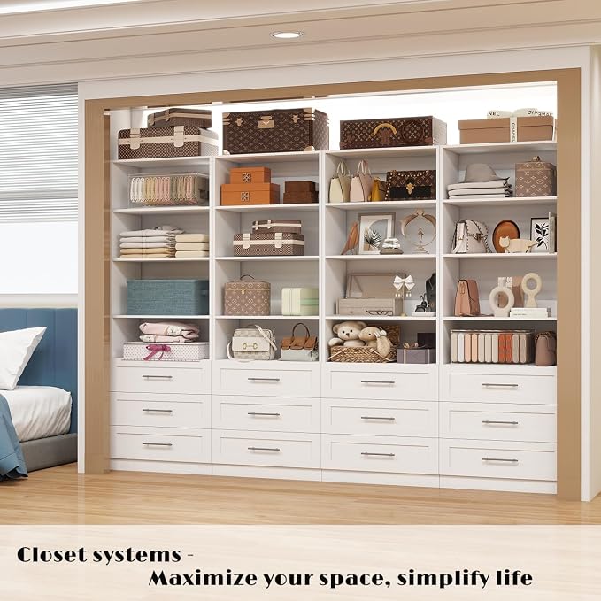 Closet Organizer System with Drawers, 6FT Wood Closet Shelving System Small Walk in Closet Standalone Corner Closets Storage with Hanging Rods White (6FT)