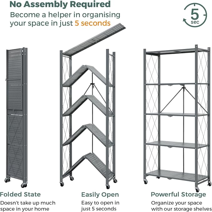 DEANIC 70.7" Tall Extra Large 5-Tier Folding Storage Shelf with Wheels, No Assembly Collapsible Metal Rack with Leveling Feet for Garage, Pantry, Basement, Vendor Display, Kitchen(Gray,2 Pack)