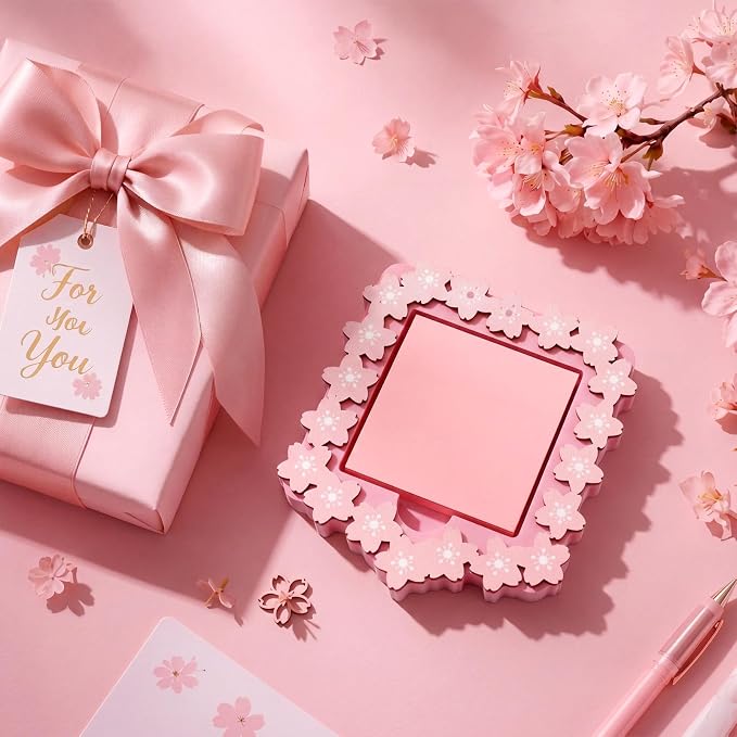 Cherry Blossom Sticky Note Holder Large Wood Notepad Dispenser 3 x 3 Sticky Notes Organizer Cute Self Stick Memo Pad Holder for Desk Office Back to School Gift, No Pads Included