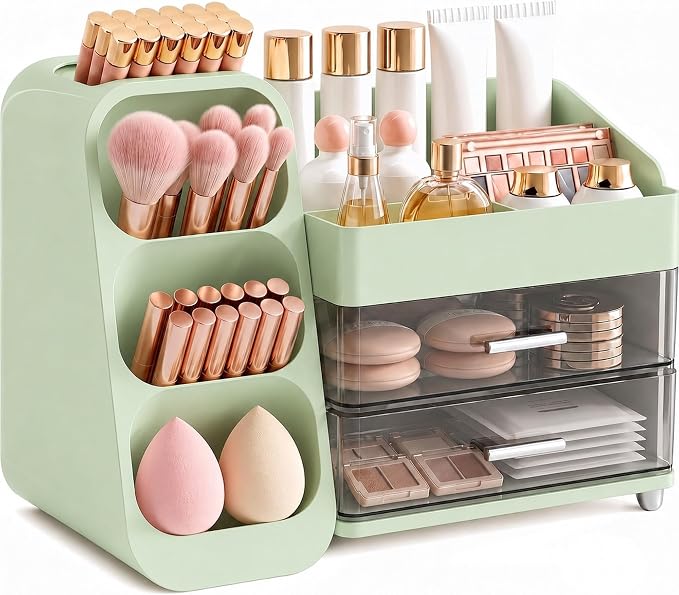 Makeup Organizer with Drawers,Large Capacity Countertop Organizer for Vanity,Bathroom and Bedroom Desk Cosmetics Organizer,Easy To Storage Skincare,Brushes,Lotions (Green)
