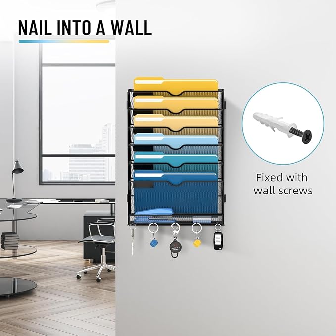 SUPEASY 7-Tier Wall File Holder Organizer with Hooks, Mesh Hanging File Organizer, Mail Organizer Wall Mounted for Papers, Folders, Office Magazine Rack, Black, 2Pack