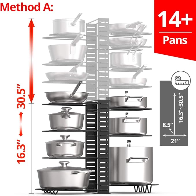 Vdomus Expandable Rack for Cabinets | Adjustable Black Pot Rack | 4 DIY Storage Positions | Holds up to 14 Pans, Pots, or Lids | Durable Iron Pot Stacker | Kitchen Organization | 8.5X 31x11.5