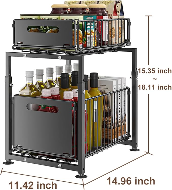 Under Sink Organizer, 2-Tier Multi-Use Kitchen and Bathroom Organizers and Storage, Slide Out Thickened Metal Under The Sink Organizer for Kitchen Bathroom Pantry (Style A White, 2 Pack)