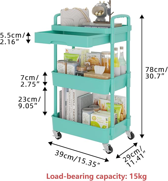 Calmootey 3-Tier Rolling Utility Cart with Drawer,Multifunctional Storage Organizer with Plastic Shelf & Metal Wheel,Storage Cart for Kitchen,Bathroom,Living Room,Office,Green | Space-Saving Organizer, Sturdy Plastic Shelves, Smooth-Rolling Metal Wheel...