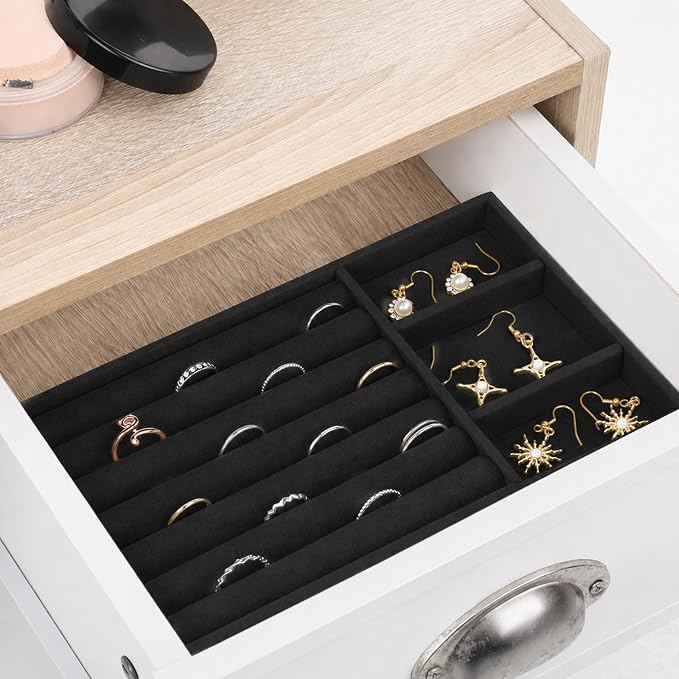 Jewelry Box Insert Organizer for Drawer, Stackable Trays Velvet Jewelry Drawer Inserts, Ring Earring Stud Necklace Holder Display Storage Case(Black, 8.3 x 4.9in)
