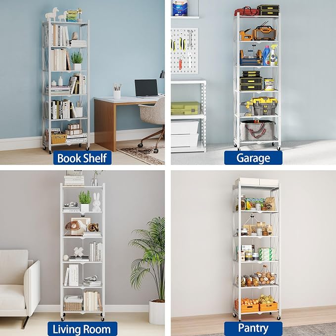 6 Tier Foldable Storage Shelves with Wheels -No Assembly Metal Folding Shelves Collapsible Shelving Unit Display Heavy Duty Rolling Shelf for Home Kitchen Office Room (White, 73" x 14" x 23")