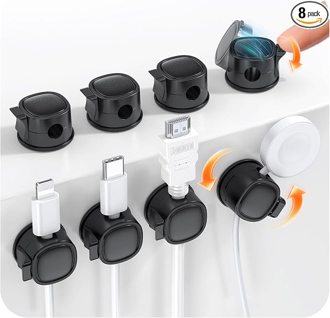 8 Pack Rotatable Cable Clips Cord Organizer,Desk Cable Management Accessory,Cord Clips,Adhesive USB Wire Holder Keeper Organizer for Home Office Desk Phone Car Wall Desktop Nightstand Cable Organizer