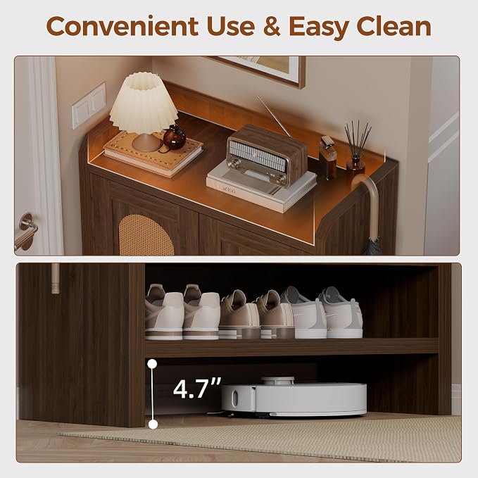 Mericonia 6-Tier Shoe Cabinet Storage for Entryway, Rattan Shoes Organizer Cabinets with Doors, Wooden Shoe Rack, Farmhouse Boho Wood Storage Cabinet (Walnut, 6-Tier)