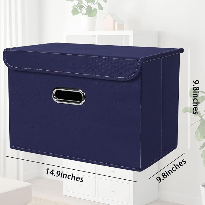 STOREONE Fabric Storage Cube Bins Foldable Organizer Container Collapsible Basket with Lids and Metal Handles, for Home, Bedroom, Closet 6 Pcs (Navy Blue)