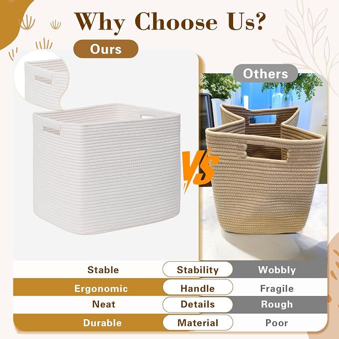 15×13 Inch Storage Cubes, 3 Pack Cube Storage Bins for Organizing, Cotton Rope Woven Baskets for Shelves, Bathroom, Kids Room, Closets, Baby Nursery