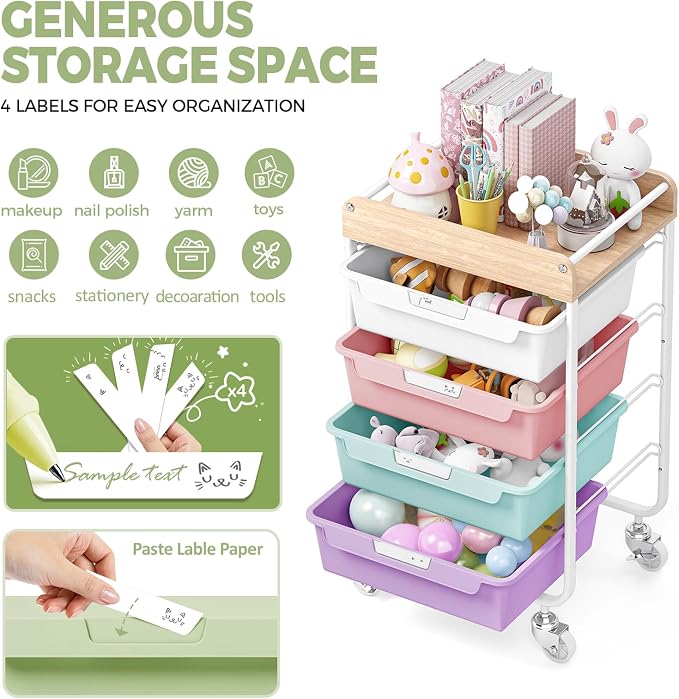 SYKIARIOL Rolling Utility Storage Cart,4 Labeled Ice Cream Colored Drawers with Wooden Tabletop, Art Craft Sewing Study Organizer Cart for Crafters,Artists,Sewing enthusiast,Kids,Teachers,Students