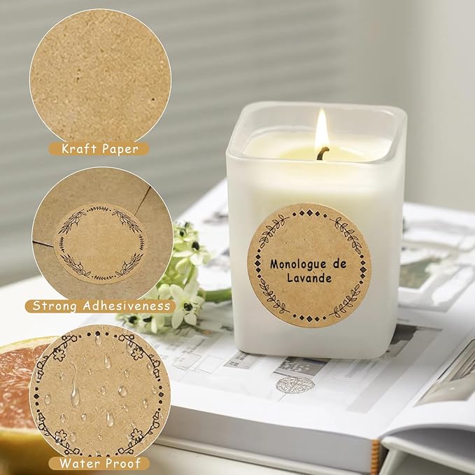 500 Jar Stickers, Jelly Jars & Jam Jar Labels, Kraft Paper Gift Tags, 4 Different Garland Designs for Mason Jars/Bottles/Name Tags and More (2 Inch Round)