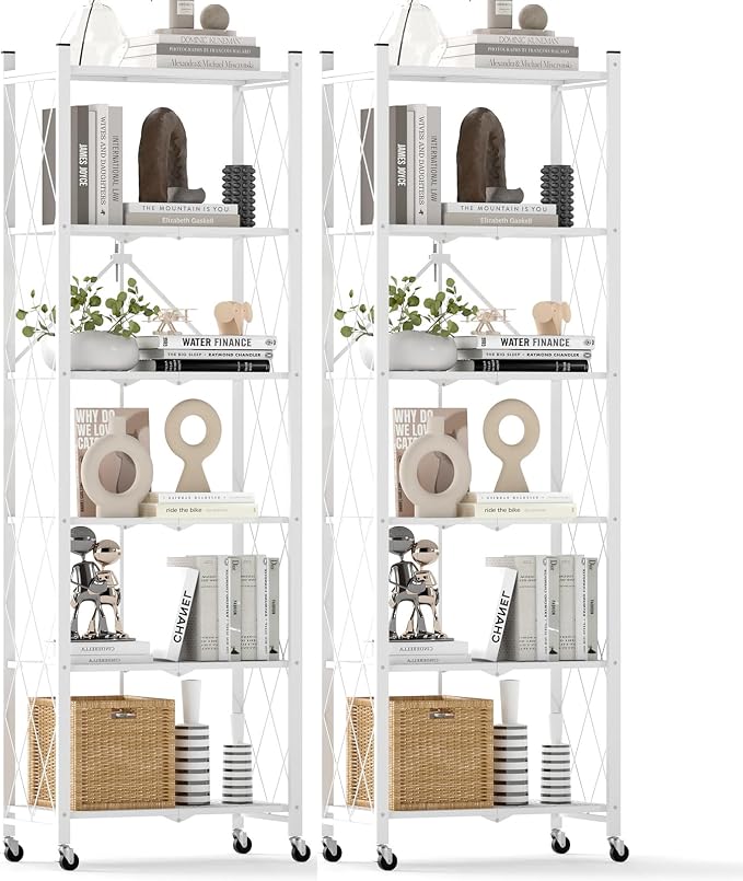 DEANIC 6-Shelf Folding Bookcase with Wheels, Heavy Duty Storage Shelves, Freestanding Metal Wire Shelving Unit for Living Room, Office, Kitchen, Basement, Pantry (White 2 Pack)