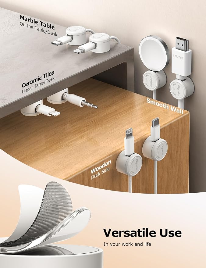 9 Pack Magnetic Cable Clips - Chfeila [Upgraded Twist-Lock] Cord Organizer, [360°Rotating Lid] Cable Management, Adhesive Wire Holder for Home Office Desk Desktop Nightstand Car Table Wall (White)