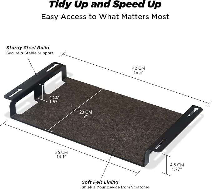 ULTRARM Moodular Storage Tray Add-On for Slide Rails, Do Not Use Alone | Accessory Only, Steel with Felt Lining, Anti-Scratch, Custom-Fit Positioning, Clutter-Free Workspace, Black, MSA-TR