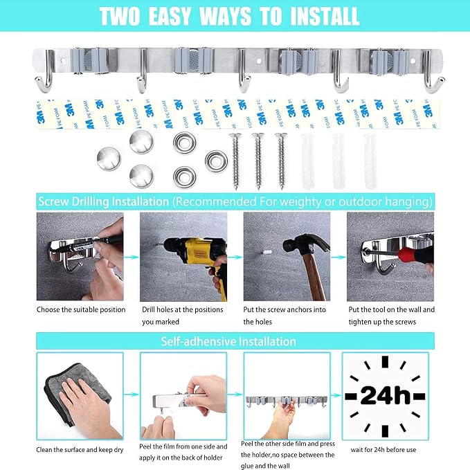 Broom Mop Holder Wall Mount Stainless Steel Tool Hanger Storage Organizer for Home, Kitchen, Garage, Garden, Laundry Room, Bathroom Organization and Storage(4 Racks 5 Hooks)