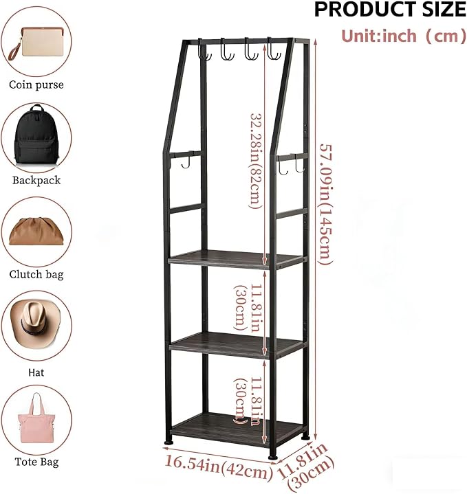 Hall Tree with Hanging Hooks,Heavy-Duty Metal Coat Rack with Shoe Shelves,3-Tier Purse Stand Handbag Organizer，Suitable for Hallway,Bedroom and Bathroom (Black)