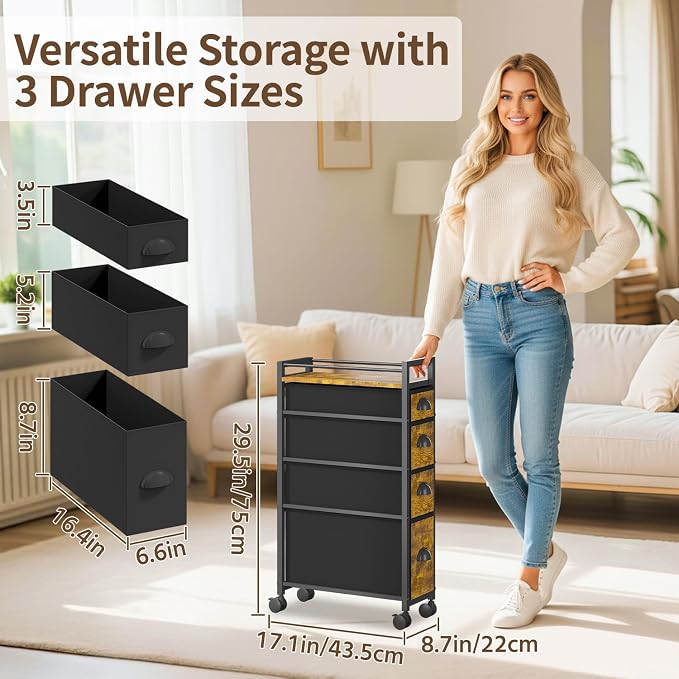 LASZOLA 4 Drawer Narrow Dresser Slim Cabinet Skinny Storage Tower Chest, Ideal for Small Spaces Bathroom, Between Washer and Dryer, Lightweight Mobile on Wheels, Sturdy Fabric Drawers, Brown
