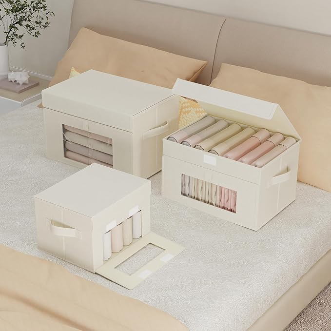 Transparent Window Storage Bin, Cube Organizer Basket with Flip-Top Lid and 2 Handles, Decorative Boxes with Cover, 4 Pack, Beige, 10.2 x 7.9 x 6.7 In, XSNY17BES-4