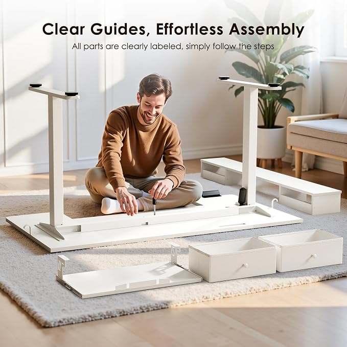 OffiGo 55 Inch U Shape Standing Desk with Keyboard Tray & Drawers, White | 3 Outlets & 2 USB Ports, Dual-Monitor Stand, 10 Colors & 10 LED Modes, 3 Presets, 28.3"-46.5"in Range, 154 lb Capacity