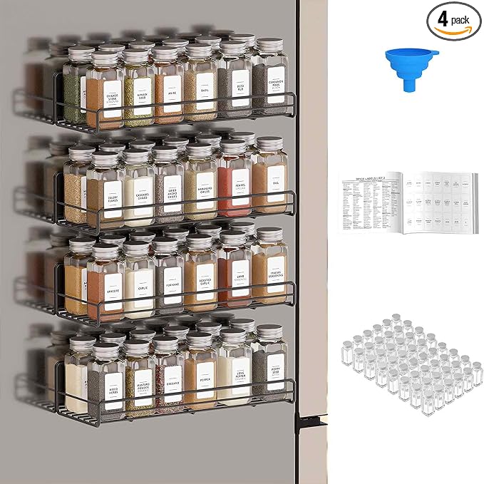 SpaceAid 4 Pack Magnetic Spice Rack with 48 Spice Jars, 400 Spice Labels and Funnel, Space Saving Refrigerator Fridge Oven Shelf Organizer