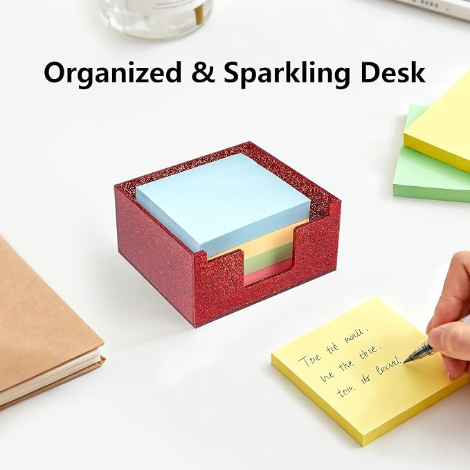 Acrylic Sticky Note Holder 4x4in Tray for Desk, Red Glitter | Sparkling glitter acrylic tray, fits 3x3 sticky notes, compact organizer for office school and home