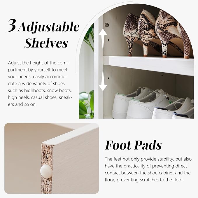IFGET 67" Tall Arched Shoe Storage Cabinet, 8 Tiers 8 Pairs Wooden Shoe Rack with 3 Adjustable Shelves, Freestanding Shoe Closet Shelf Organizer for Entryway, Hallway, Living Room (Antique White)