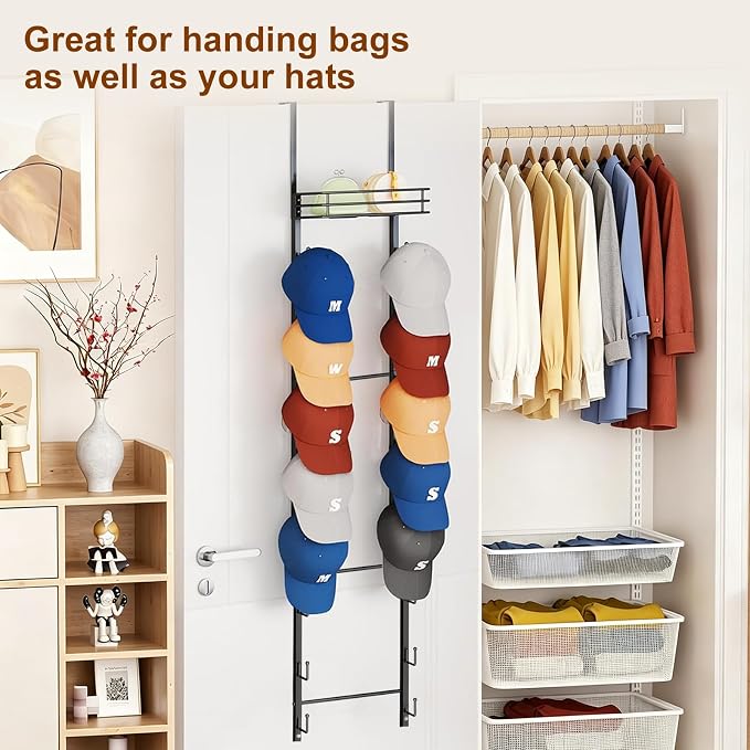 Over The Door Purse Organizer - Wall Mounted Handbag Organizer with 16 Hooks and Metal Basket,Purse Rack for Closet,Bag Rack, Handbag Rack and Hanging Purse Storage for Door,Closet