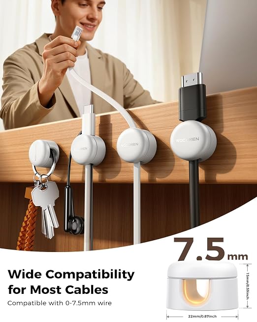 9-Pack Cable Clips [Upgraded], Rocoren Magnetic 360° Rotatable Cord Holder, Adhesive Cable Management Organizer, Wire Keeper for Nightstand Desk Car Home Office Accessories White