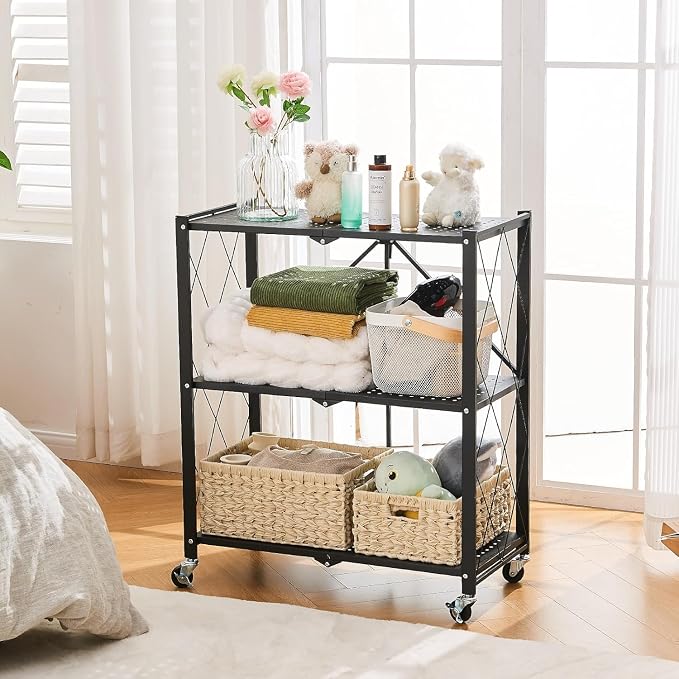 3-Tier Foldable Storage Shelf with Wheels, Heavy Duty Metal Collapsible Shelving Unit, No Assembly Rolling Organizer Rack for Kitchen Pantry Closet Office