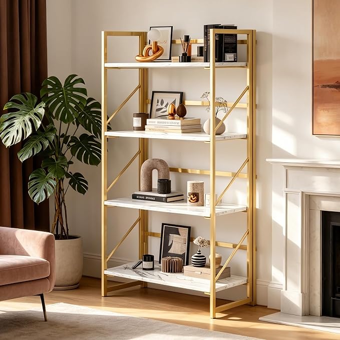 JSB 4 Tier No Assembly Folding Bookshelf, Foldable Storage Bookcase for Home Office, Space-Saving Storage Shelf for Living Room, Bedroom, Office (White&Gold)