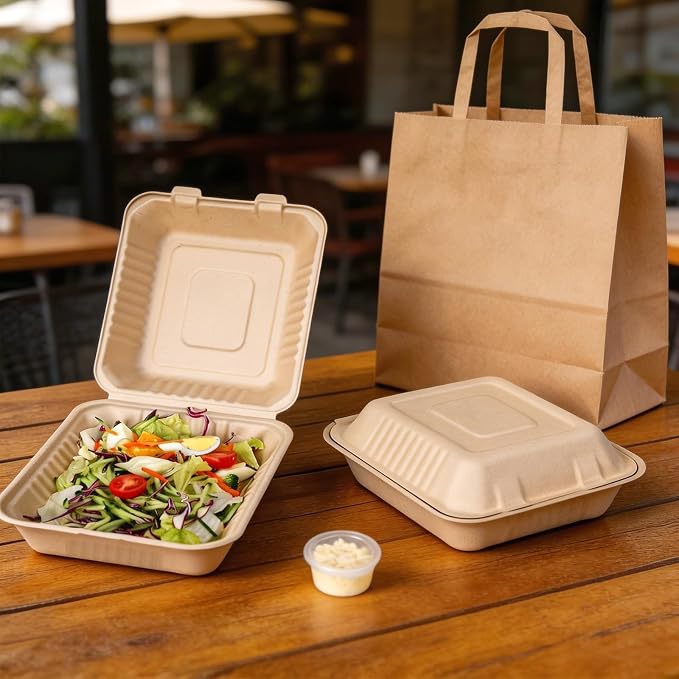 Aricsen Compostable 1 Compartment 100 Pack 8×9 Inch TakeOut Lunch Box Containers with Lid Togo Take Out Clamshell for Food, To Go Disposable Eco-Friendly Biodegradable Bagasse, PFAS-Free, Brown