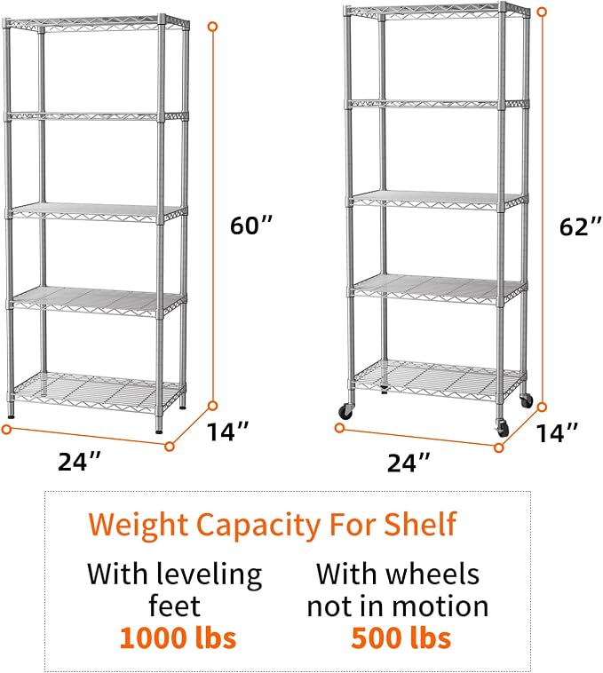 SINGAYE 5 Shelves Storage Wire Shelf Closet Metal Shelving Pantry Wheels | Shelf Bathroom Organizers Metal Kitchen Garage Shelving Unit Laundry Room Organization Home Rack Net Basket with Wheels
