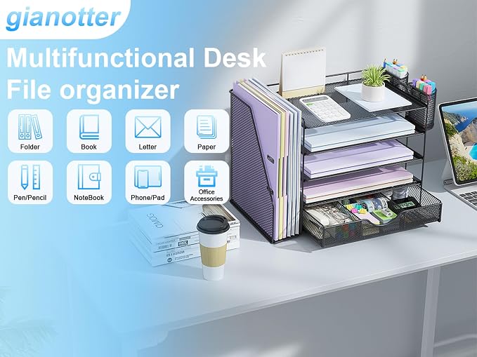 gianotter 5-Tier Desk Organizer with Drawers, File Holders, Letter Trays and Pen Holders - Workspace Accessories for Office Supplies (Black)