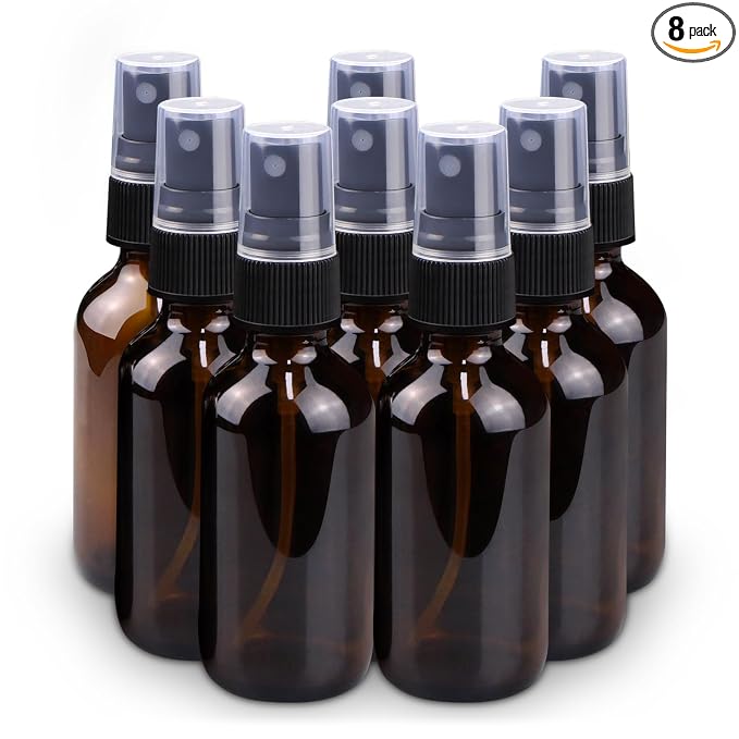 Wedama Spray Bottle, 2 oz Fine Mist Glass Spray Bottles, Little Refillable Liquid Containers for Watering Flowers Cleaning (8 Pack, Amber)
