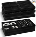Cinnvoice Set of 10 Stackable Jewelry Organizer Trays for Drawer 14 Inch Velvet Jewelry Drawer Insert Display Storage with Removable Divider for Necklace Earring Ring Watch Bracelet (Black)