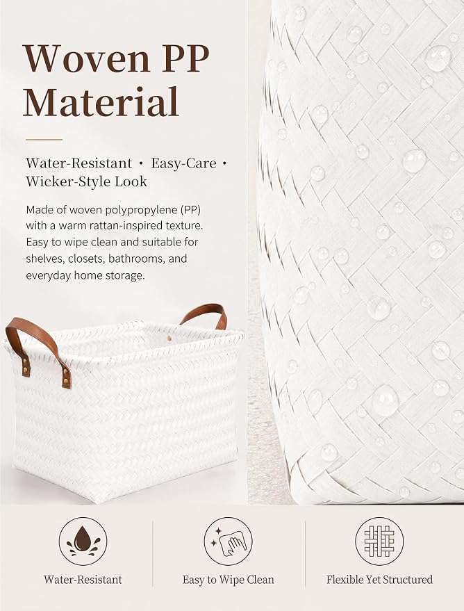 Hand Woven Baskets for Storage, 4Pcs Water-Resistant Wicker Baskets, White Wicker Storage Baskets for Shelves, Large Basket with Handle for Organizing, Clothes, Laundry, Blanket - Rectangular