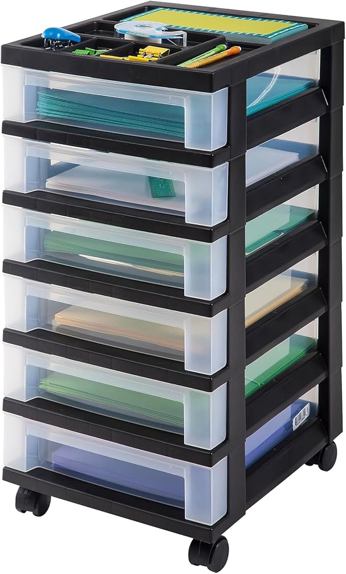 IRIS USA 2 Pack 6-Drawer Plastic Storage Rolling Organizer Cart with Caster Wheels for Laundry Room, Bathroom, or Closet Dresser Storage, Black/Clear
