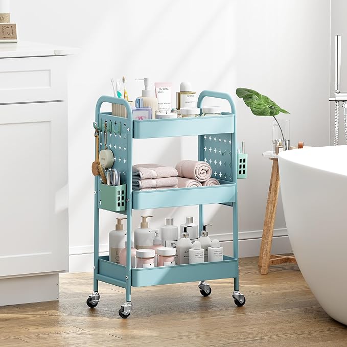 KINGRACK 3 Tier Rolling Cart with DIY Pegboard, Metal Utility Cart with Wheels, Hooks & Baskets, Sturdy Storage Organizer for Craft, Bathroom, Kitchen, Office, Nursery, Classroom（Blue）