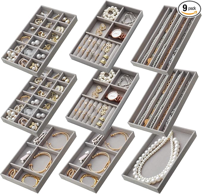 SPAKOWN Stackable Jewelry Organizer Trays Set of 9, Small Velvet Jewelry Organizers Earring Necklace Ring Bracelet Display Case Storage for Drawer Dresser (Grey)