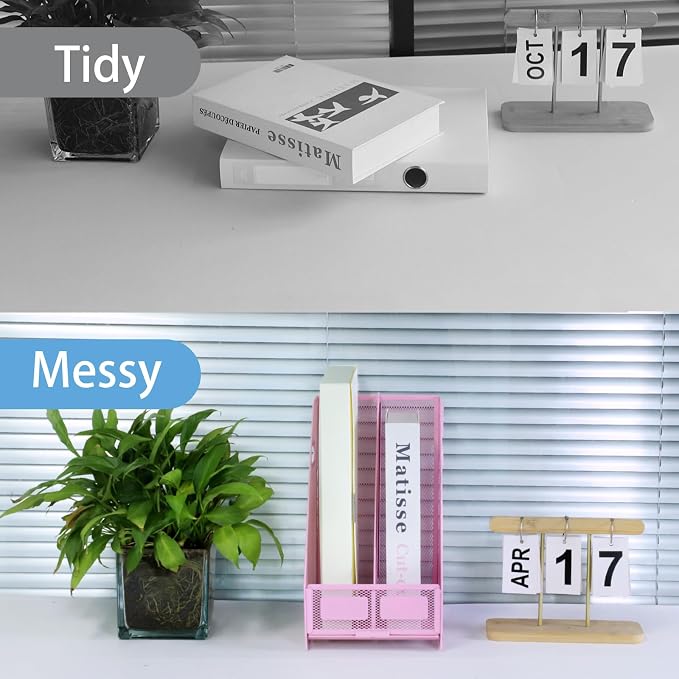 Desk Organizers Metal Magazine File Holder Racks Desktop Folder Storage Binder Organiser Document Organization for Home Office & Classroom,2 Vertical Compartments-Pink
