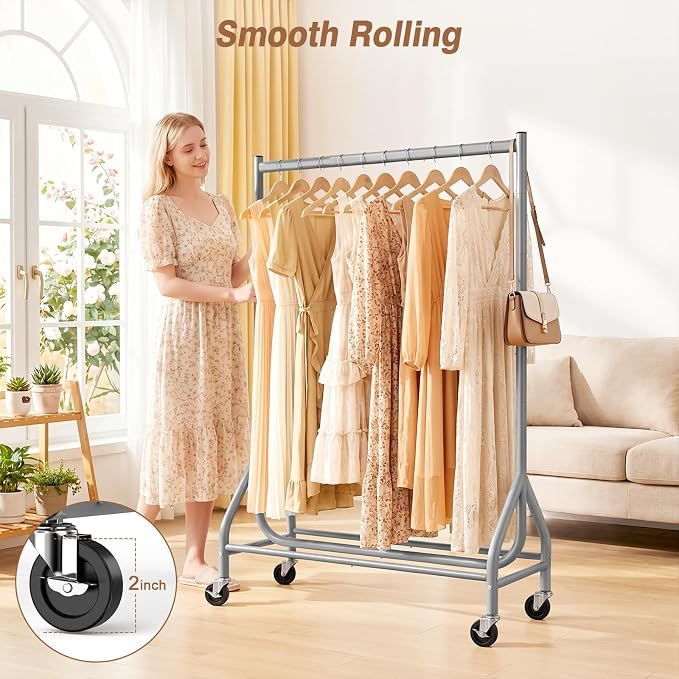 EAGMAK Heavy Duty Clothes Rack Load 268 LBS, 31.5 inch Hanging Rod, Grey | Metal Frame, Stable Base, Compact Size, Rolling Smooth, For Bedroom Closet Entryway Laundry Living Room Home Garage Storage